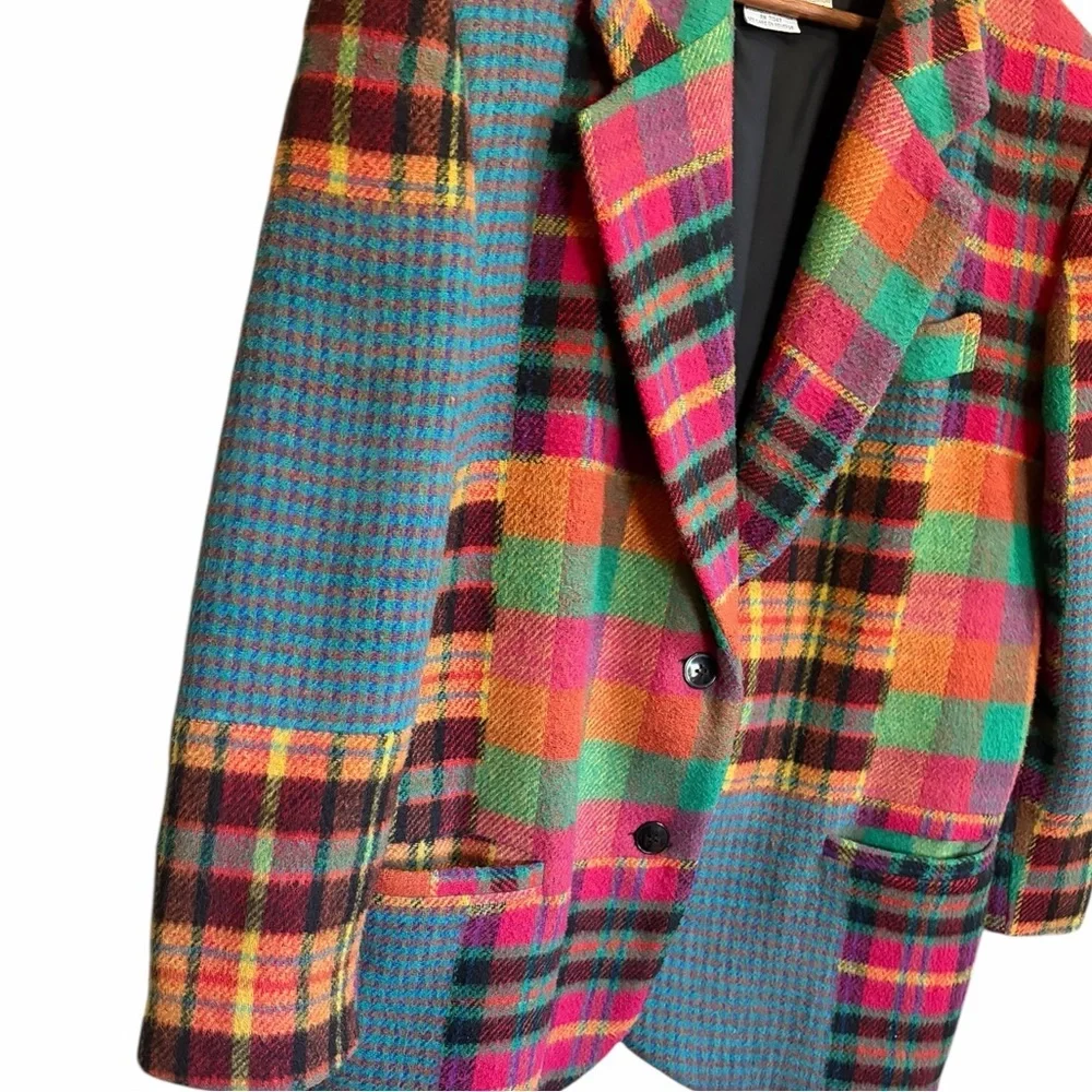 Vintage Gitano Vibrant Patchwork Plaid Wool Blend Blazer - Picture 3 of 7